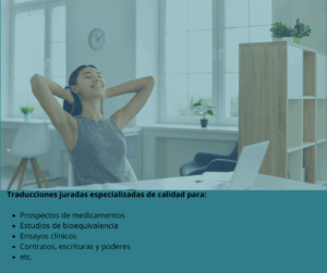 Una mujer sentada en su escritorio se reclina y respira tranquila porque ha encontrado un servicio de traducción jurada especializada de confianza